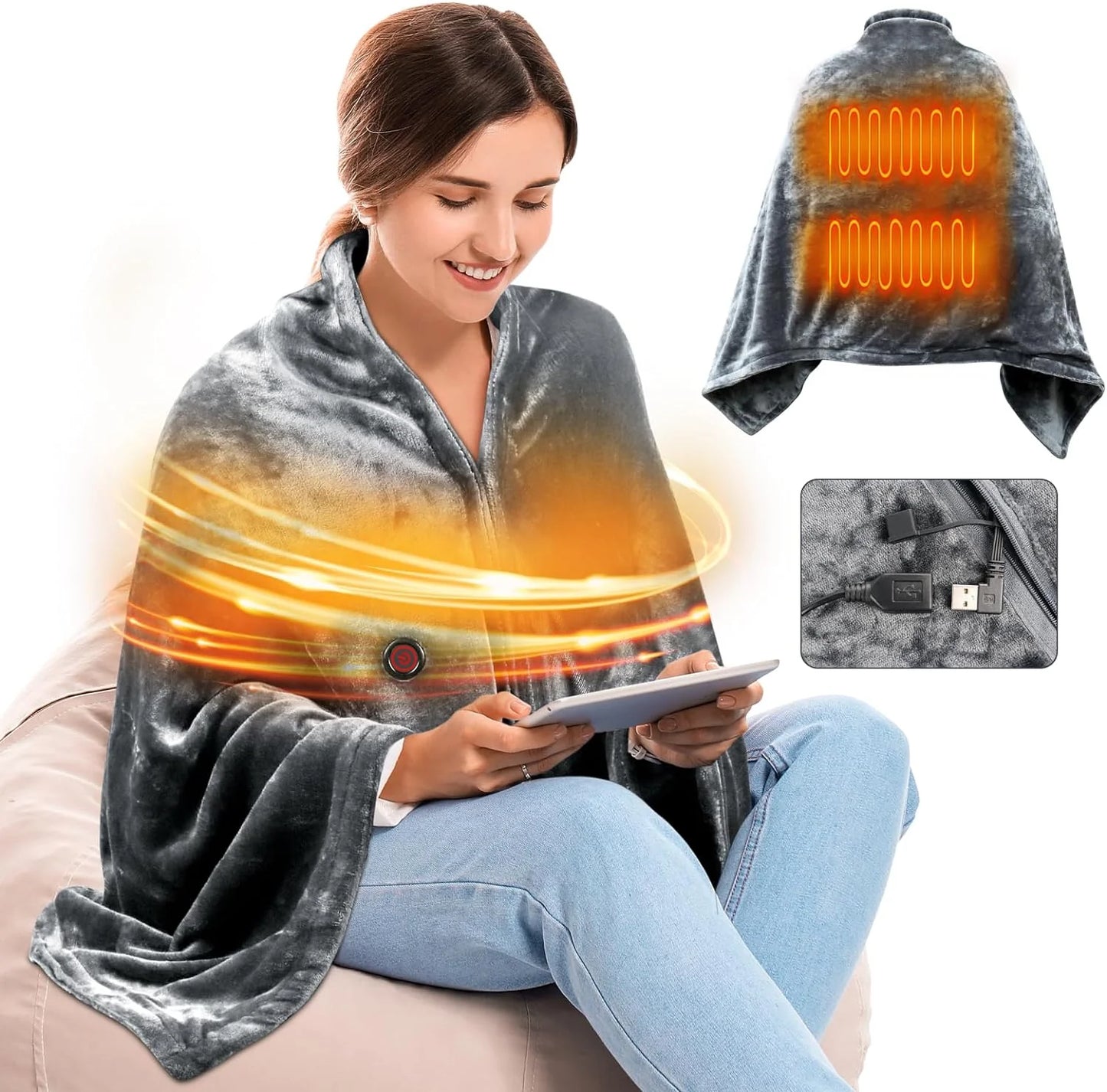 🌟🌟Heated Blanket-Heated Shawl Wraps , Soft Zipper Heating Shawl Wraps Poncho Blanket Hoodie,Warm Shawls Heating Scarf