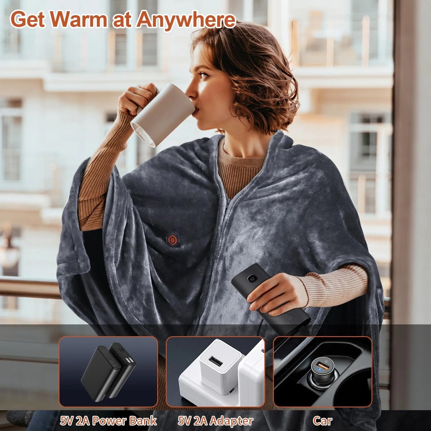 🌟🌟Heated Blanket-Heated Shawl Wraps , Soft Zipper Heating Shawl Wraps Poncho Blanket Hoodie,Warm Shawls Heating Scarf