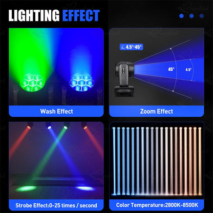 Mini Moving Head DJ Lights 7x40W RGBW 4 in1 Moving Head Light Wash Zoom Beam CTO Stage Lighting Effect with DMX Sound Auto Control for Parties Club Concert Wedding Disco Christmas