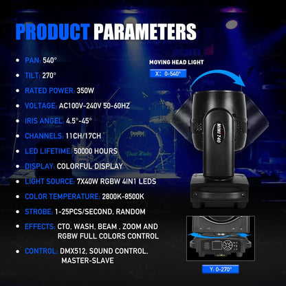 Mini Moving Head DJ Lights 7x40W RGBW 4 in1 Moving Head Light Wash Zoom Beam CTO Stage Lighting Effect with DMX Sound Auto Control for Parties Club Concert Wedding Disco Christmas