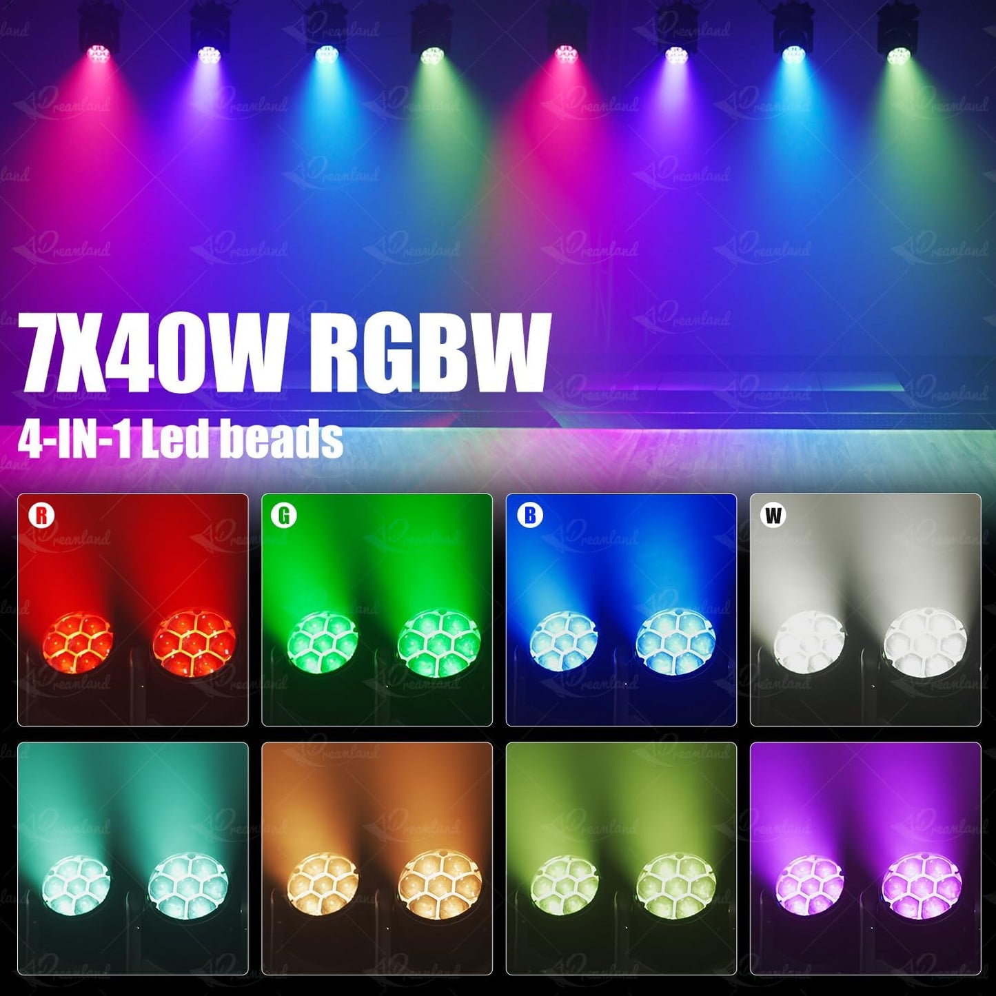 Mini Moving Head DJ Lights 7x40W RGBW 4 in1 Moving Head Light Wash Zoom Beam CTO Stage Lighting Effect with DMX Sound Auto Control for Parties Club Concert Wedding Disco Christmas