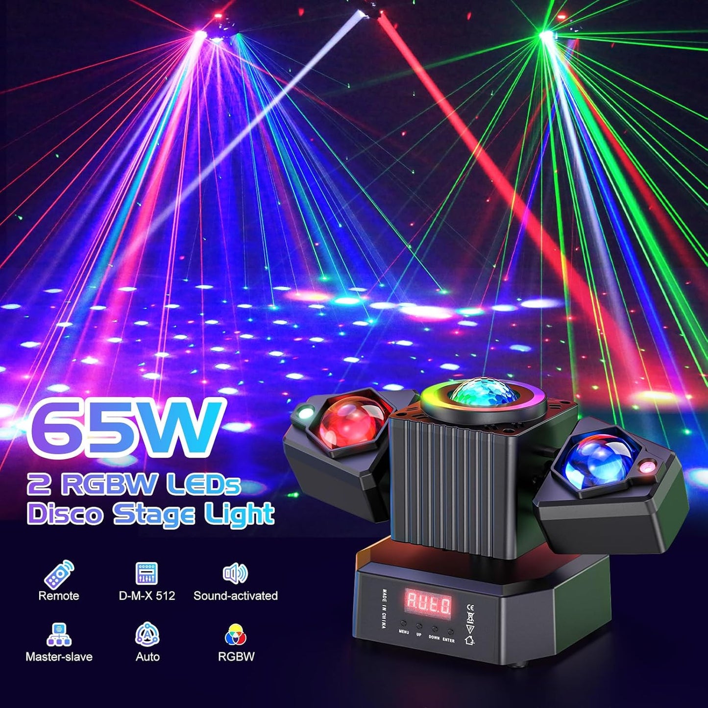 Stage Lights Moving Heads,65W LED RGBW 4-in-1 Disco Light with Functional Remote Control,DMX512,Sound Activated,Party Lights for DJ Bar Concert KTV Party Wedding Halloween Christmas